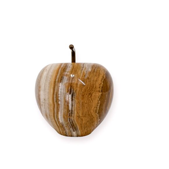 Paperweight Marble Agate Apple Home Decor Brown Cream Color Bands Metal Stem - Picture 3 of 10